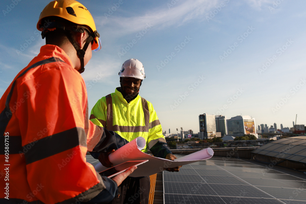 Obraz premium Solar engineer and technician wearing safety uniform working on Solar rooftop of factory, Green and Renewable energy new alternative energy concept