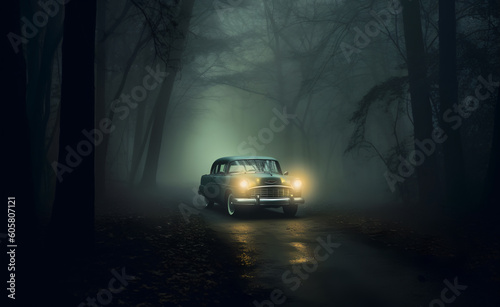Old classic car on a wet road covered in fog with bright headlights. Generative AI.
