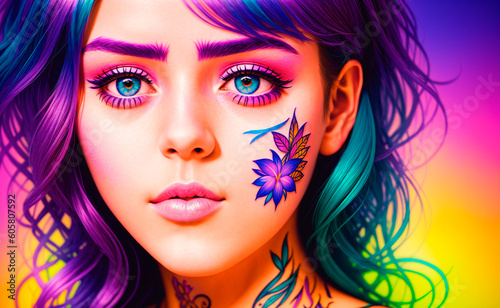 Portrait of a handsome young woman with colorful hair and tattoos on face and body. Generative AI.