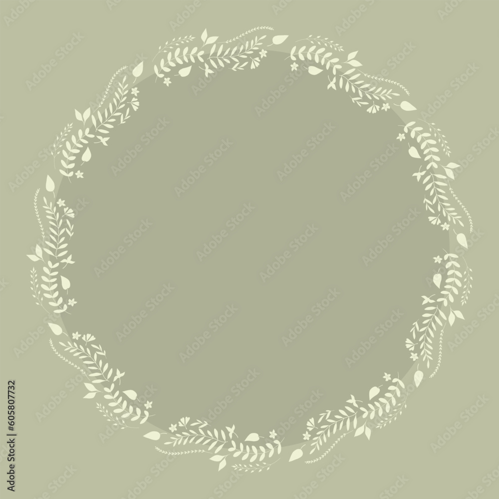 Pale green botanical background with a wreath of plants Pale green botanical background with a wreath of plants