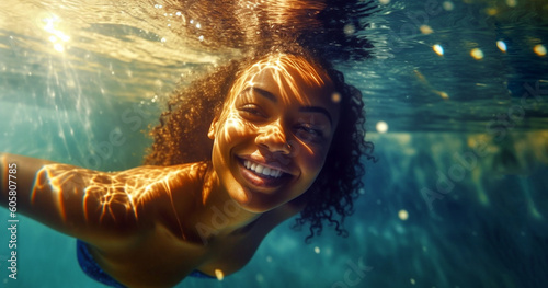 Happy black woman swimming under water in public swimming pool Holiday  relaxtion active watersport beauty having fun