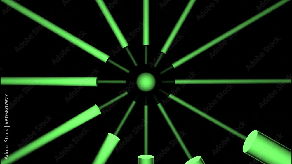 Rotating 3d spiral of lines on black background. Design. 3D lines move in spirals in dark space. 3D metal lines move in spatial spiral