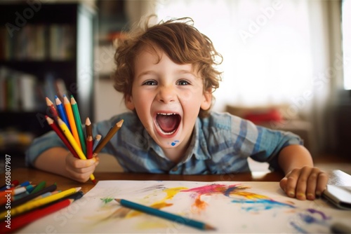 Candid image of a young boy with a silly, excited expression, engaged in painting with paint on his face. The scene embodies the joy and spontaneity of creative play, generative ai photo