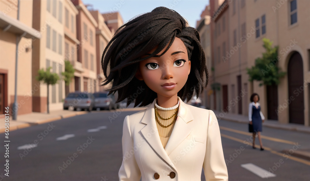 Fototapeta premium Beautiful african american in business suit on background of metropolitan. Elegant black woman in classic style in downtown. Generative AI.