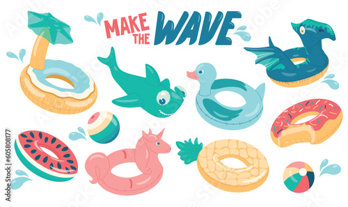 Set of colorful summer inflatable toys, vector.