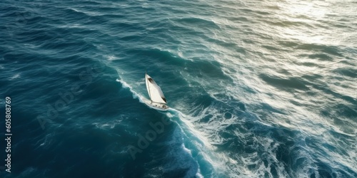 Aerial view of a white yacht with a sail. AI generative illustration.