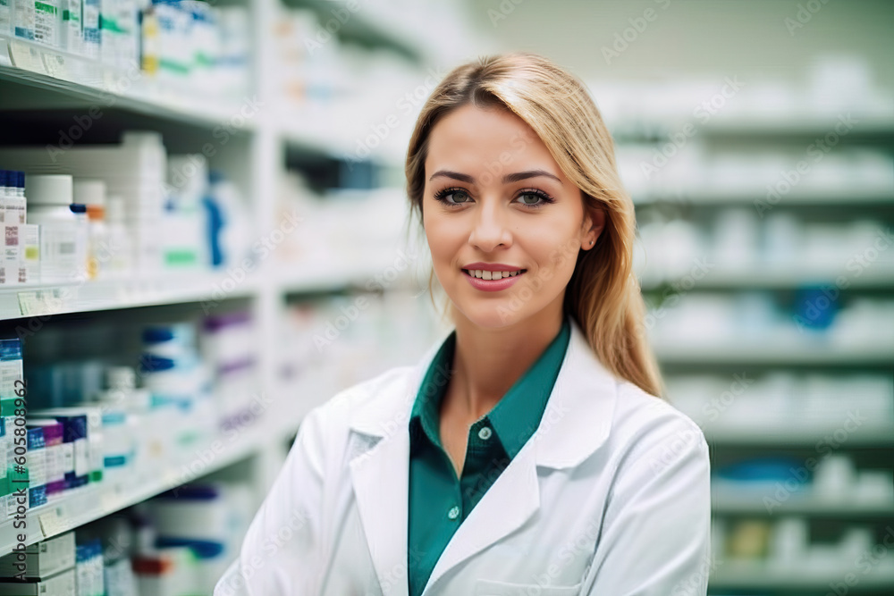 A woman in a white lab coat standing in front of a pharmacy shelf