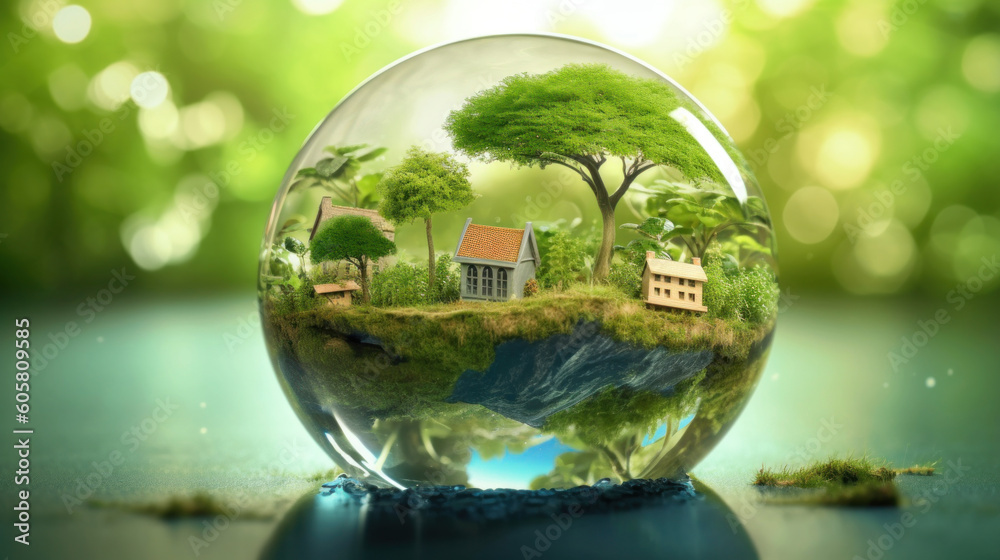 Glass globe with a country scene reflected in it. Generative Ai. Glass globe with a country scene reflected in it. Generative Ai.