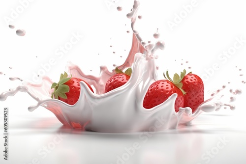 milk or yogurt splash with strawberries isolated on white background, 3d renderinggenerated by AI photo