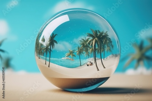 Thumbnail of a beach landscape with sand  sun loungers and palm trees inside a horizontally lying glass sphere against a blue sea 3d effect AI generated