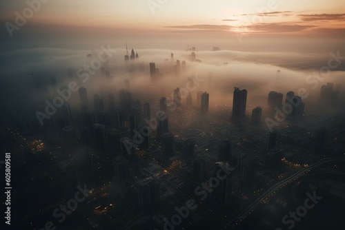 Early morning aerial view of Dubai city during foggy transition from night to day. Generative AI