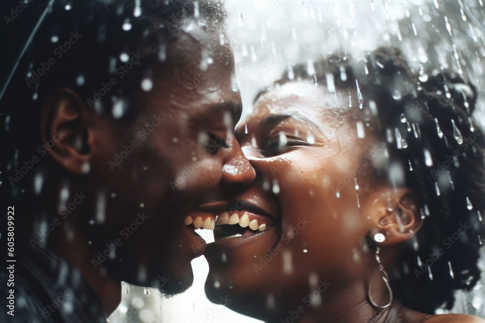 Man and woman smiling while kissing in the rain, close up. Generative Ai.
