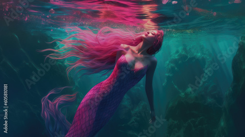 Beautiful, young pink mermaid enjoying underwater. Vibrant abstract illustration of futuristic, elegant, water princesses. Love and beauty. Generative AI.