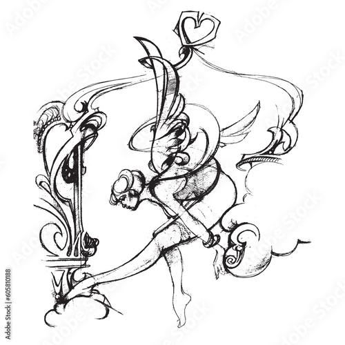 Angel with wings on the clouds. Line drawing of an abstract woman. Female naked body. Silhouette of a girl figure