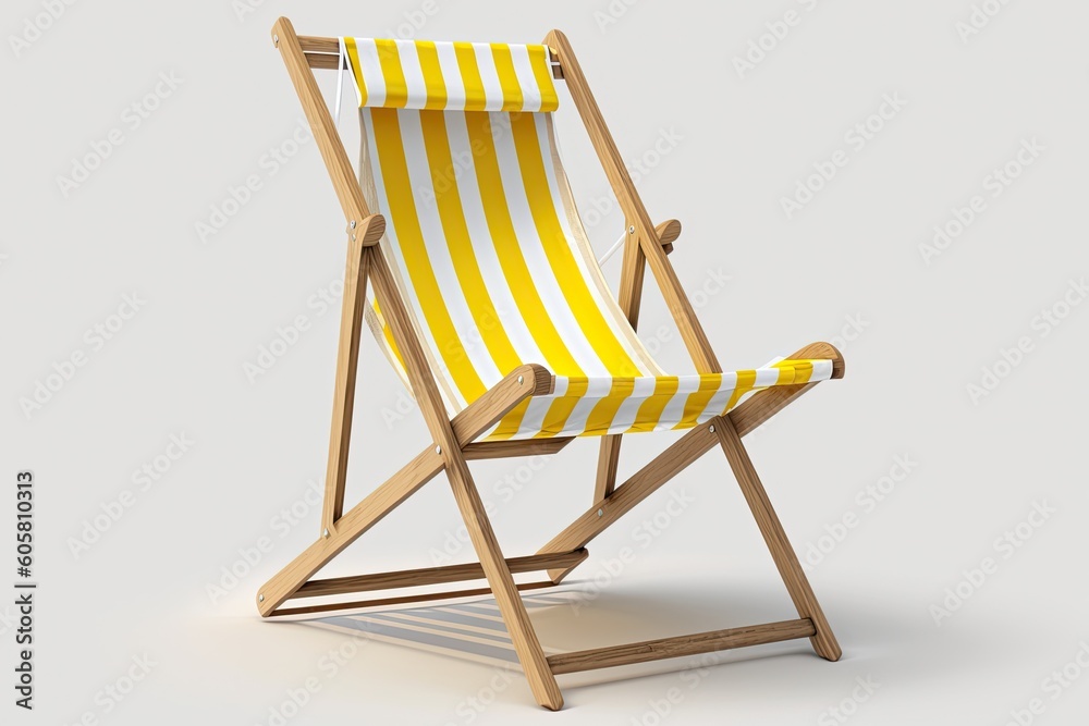 Isolated yellow striped beach chair against white backdrop. beach and ocean vacations and summer holidays illustration. Generative AI