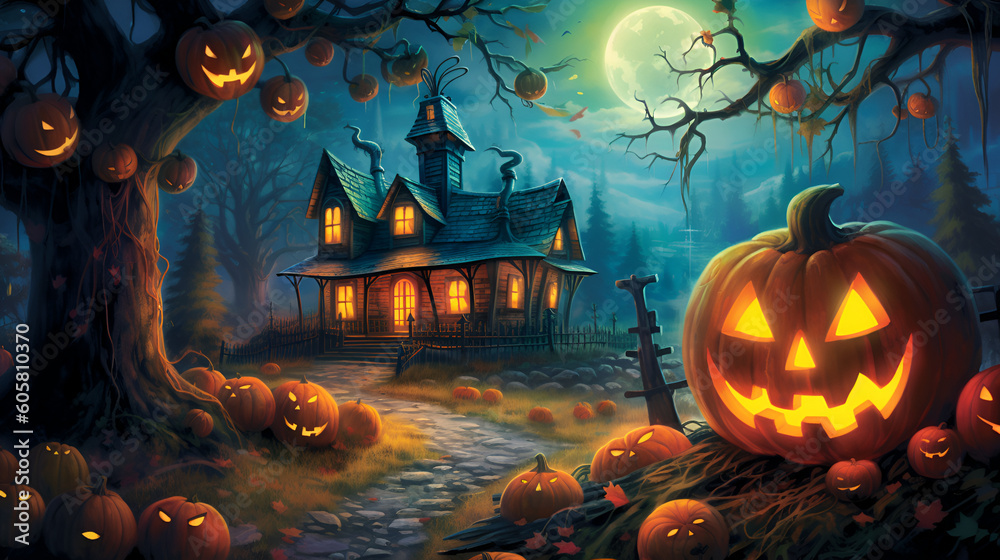 AI Generative Spooky Haunted House with full moon, scary trees with