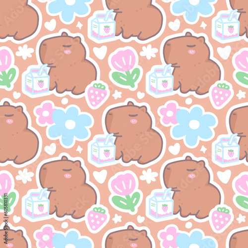 Cute seamless pattern with strawberry, capybara and tulips for kids design. Girly background, print for fabric, wrapping paper.