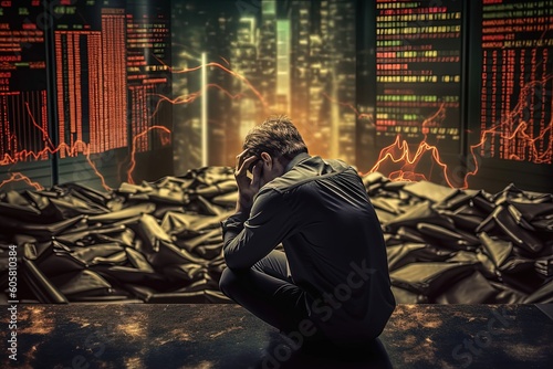 Signifying the harsh realities of the economic crisis, a worried businessman finds himself amidst a panic-inducing digital stock market financial background, highlighting business failure and unemploy photo