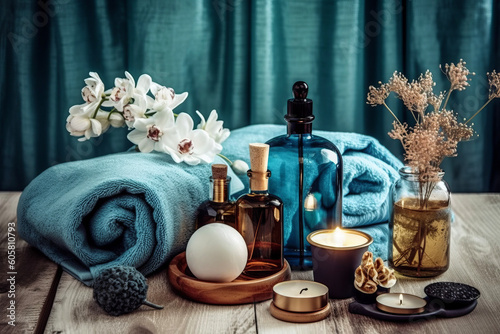 Aesthetic photo of a spa salon, showcasing a serene arrangement of towels, spa oil, and wooden table for indulgent beauty treatments, ai-generated