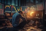 A stressed businessman reflects the economic crisis as he sits in front of a digital stock market financial background, portraying business failure and unemployment problems