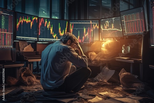 A stressed businessman reflects the economic crisis as he sits in front of a digital stock market financial background, portraying business failure and unemployment problems