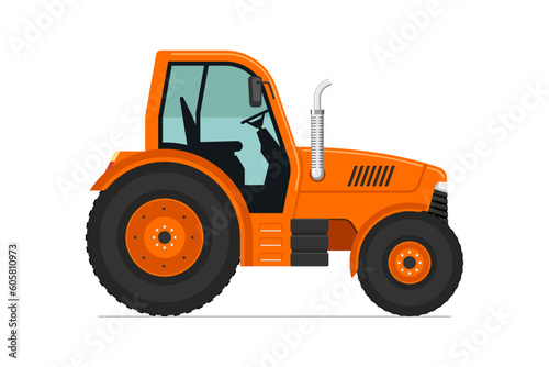 Modern wheeled farm tractor side view isolated on white background. Farming heavy machinery vehicle. Agricultural transport vector eps illustration