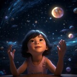 A little girl in the universe with hopeful