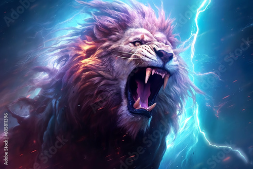 Lion god of thunder and lightning epic fantasy illustration - Generative AI