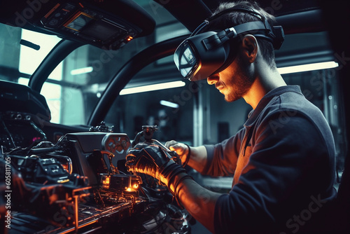 Man using VR-headset in the automative industry