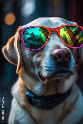 Portrait of Golden Retriever with in sunglasses outside. Generative AI © zamuruev