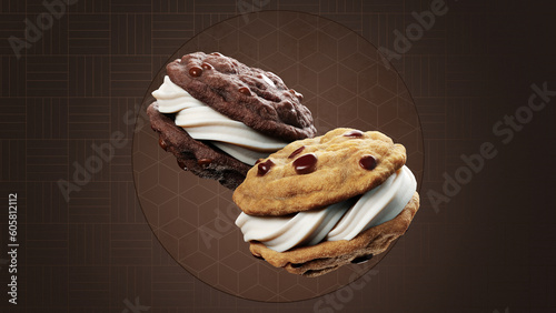Two Ice Cream Sandwiches Floating in Air - 3d Render (ID: 605812112)