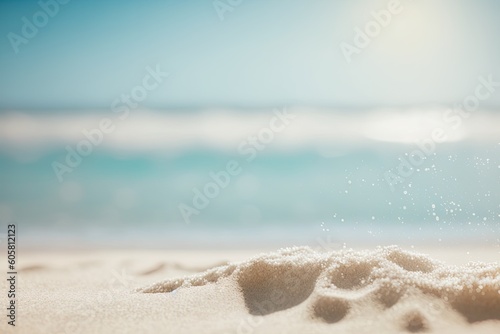 Summer day, close up sand with hazy sea sky backdrop, text space or for goods. Summer background concept. Generative AI