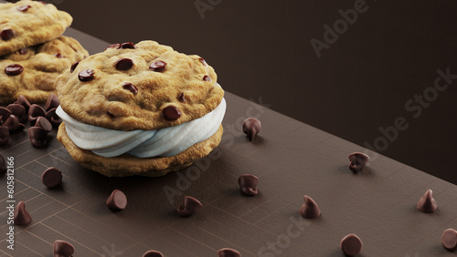 Ice Cream Sandwhich on Counter Surrounded by Chocolate Chips - 3d Render (ID: 605812166)