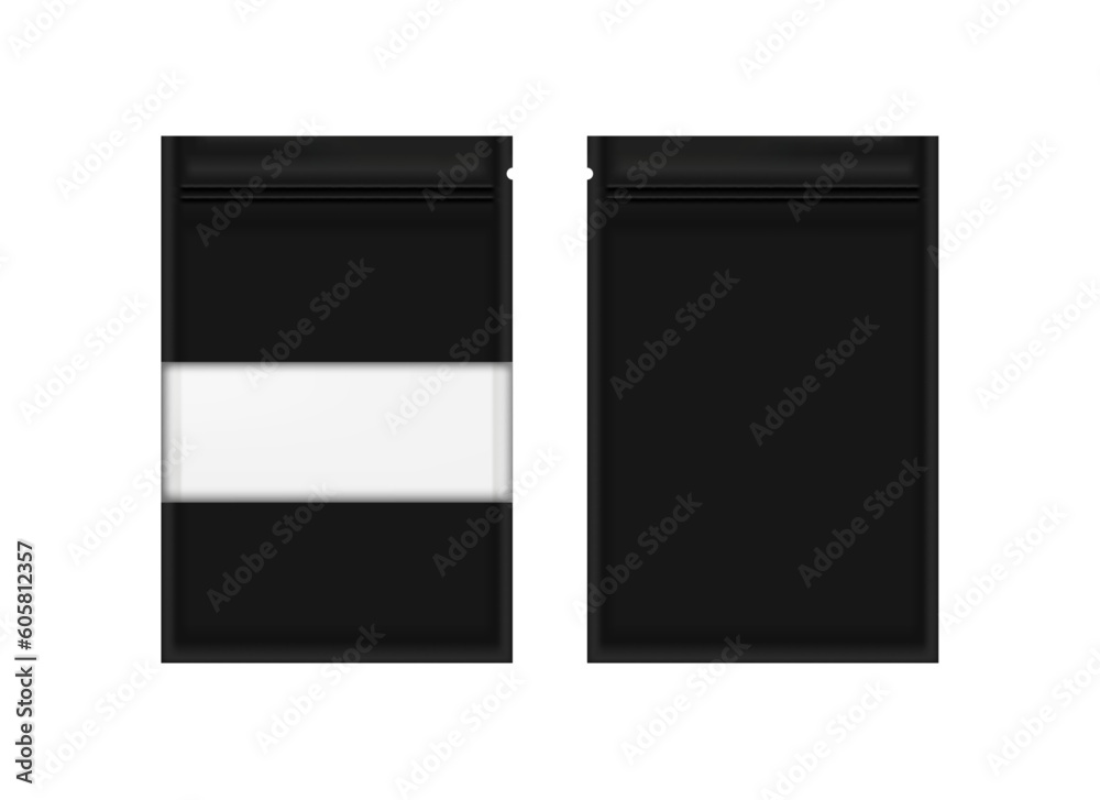 Realistic Foil Black Food Pouch Sachet with Transparent Window Vector Mock up