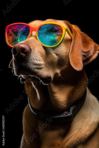Portrait of Golden Retriever with in sunglasses on dark background. Generative AI © zamuruev