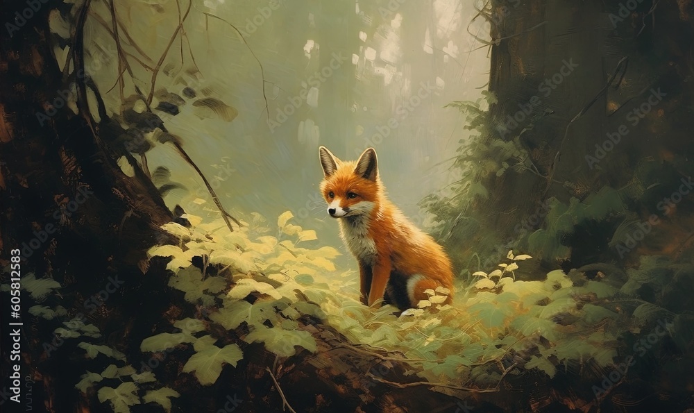 Baby fox in the green forest, young fox in the woods. Young animal in the outdoors. Generative Ai.