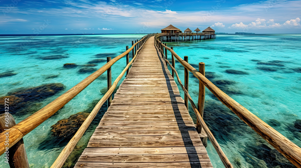 Water Villas (Bungalows) and wooden bridge at Tropical beach in the Maldives at summer day Generative AI