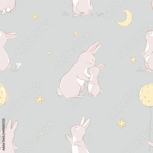 Seamless pattern with a cute bunny and mom in pastel colors. Baby Rabbit pattern doodle moon and stars. Can be used for t-shirt print, kids wear fashion design, baby shower invitation card