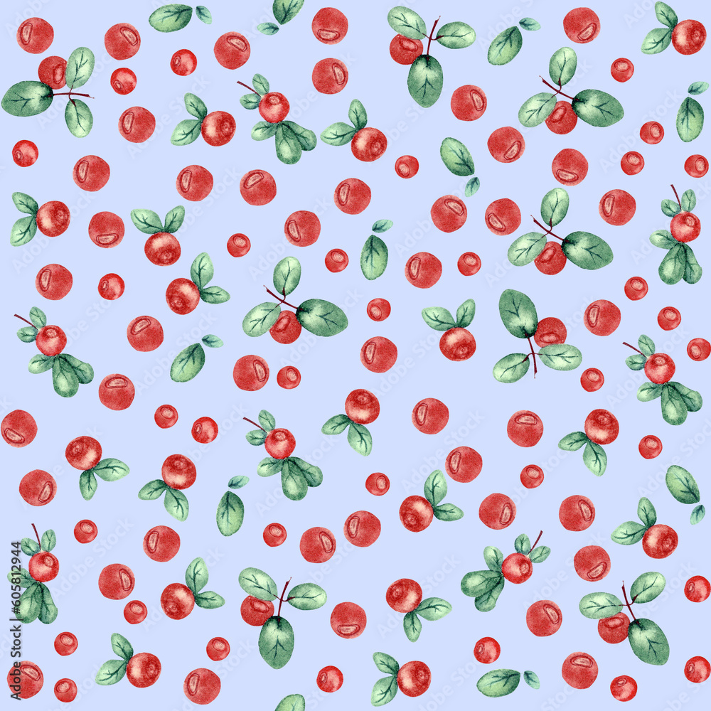 watercolor seamless pattern with red berries and lingonberries