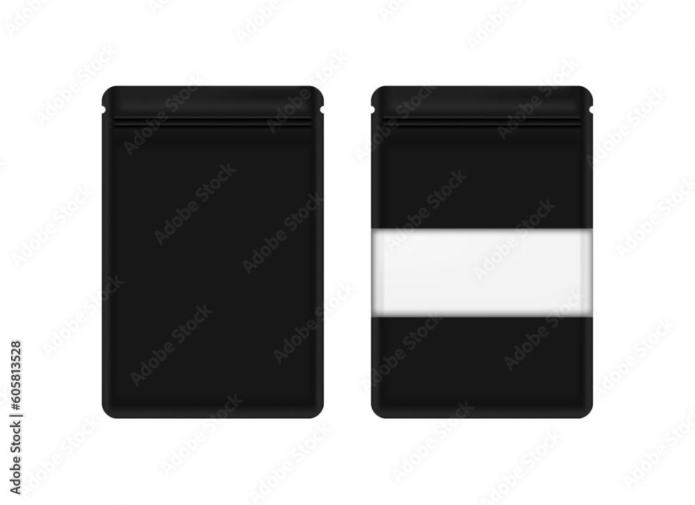 Realistic Foil Black Food Pouch Sachet with Transparent Window Vector Package Template Mockup Realistic Foil Black Food Pouch Sachet with Transparent Window Vector Package Template Mockup