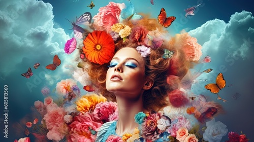 A woman completely covered in colorful flowers, light blue background with clouds and butterflies © Savinus