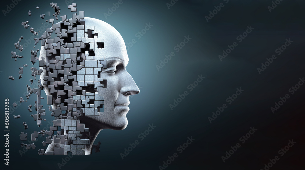 Head profile with jigsaw puzzle pieces falling apart. Alzheimer's and dementia, mental illness and brain disorder vector illustration,  Created using generative AI tools.