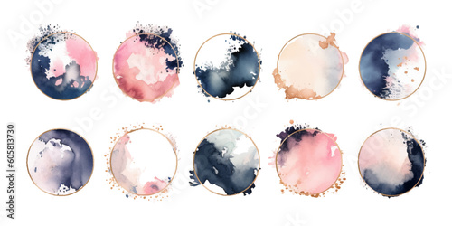 Watercolor frames, circular shapes, minimalistic brushstrokes, blush, navy, rose gold, pale pink alcohol ink abstract background with ink cracks, ink splashes