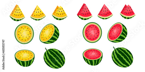 Fresh and juicy whole watermelons and slices.Set of ripe yellow and red watermelon berries