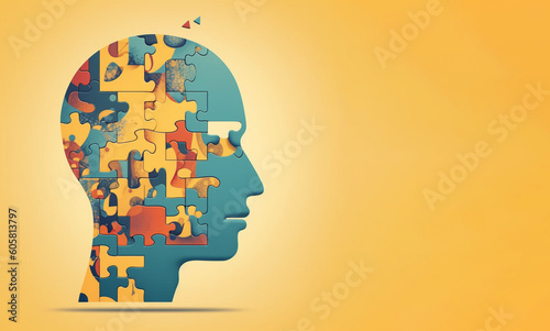 Head profile with jigsaw puzzle pieces falling apart. Alzheimer's and dementia, mental illness and brain disorder vector illustration, Created using generative AI tools.