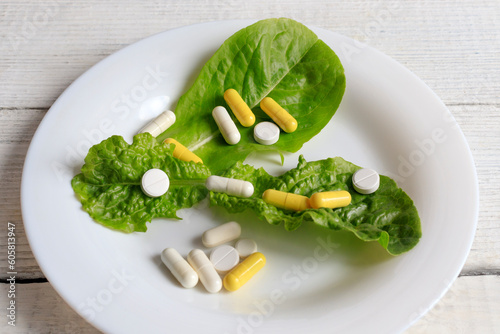 concept of healthy eating, taking antibiotics, dietary supplements, antidepressants, diet.