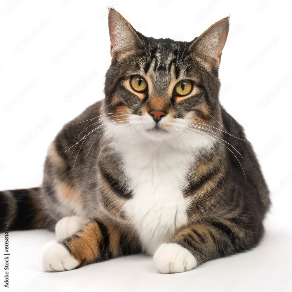 Russian White Black and Tabby cat cat isolated on white background. Generative AI