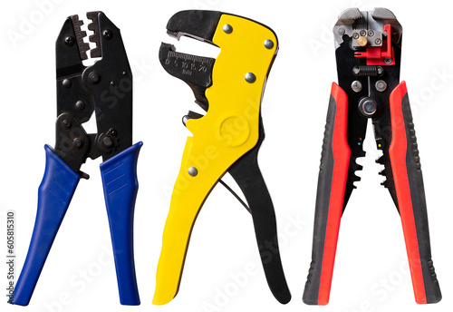 Wire stripper and crimper for electrical wires on an isolated background. Tools for electricians.