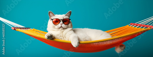 White cat in sunglasses lying in an orange hammock on a blue background. Generated Ai Generative AI