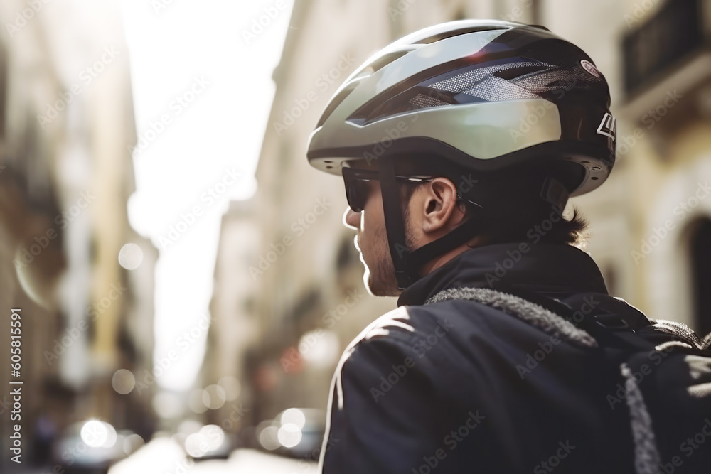 Close up of a courier wearing a security helmet, deliveryman on the street Close up of a courier wearing a security helmet, deliveryman on the street